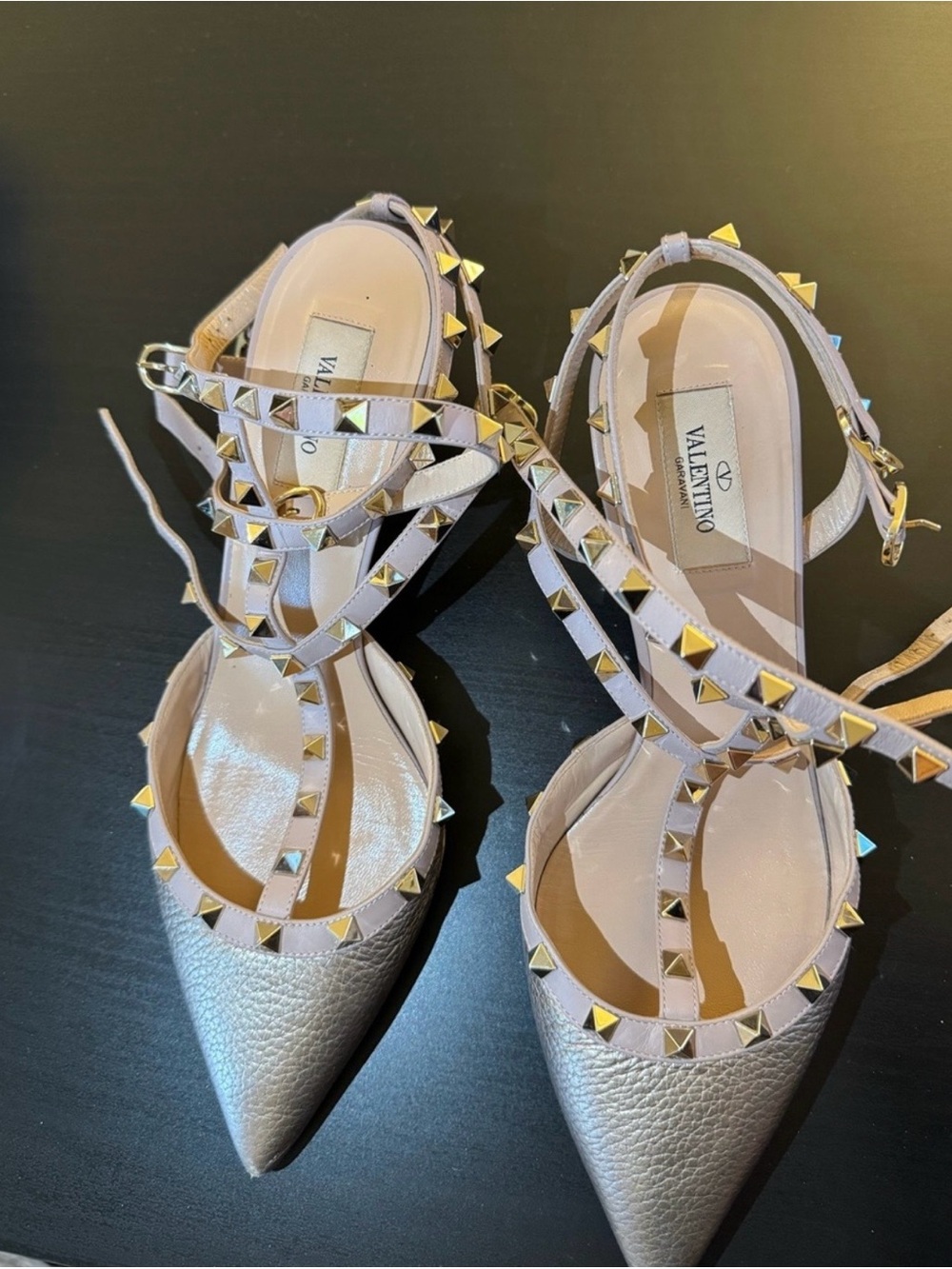 Valentino Rockstud Pointed-Toe Ankle-Strap kitten heels in Light Beige and Gold